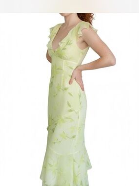 Prince Light Green Floral V-Neck Ruffle Maxi Dress
